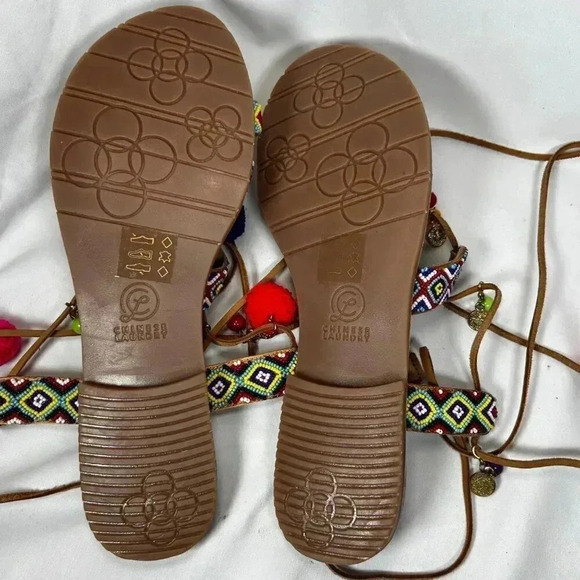 2/$30 Chinese Laundry Size 9.5 Sandals Beaded Pom Ankle Wrap Colorful Party - Picture 9 of 9